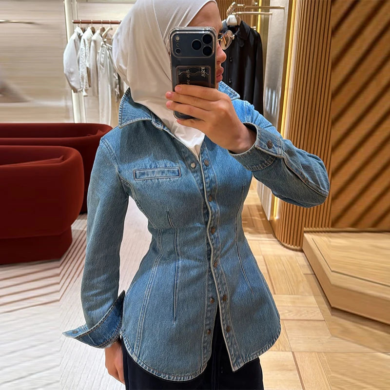 LIZAKOSHT  -  Fashion Blue Women's Denim Jacket Lapel Button Up Fit Waist Cinching Jean Coats Spring Casual Street Lady New Outerwear