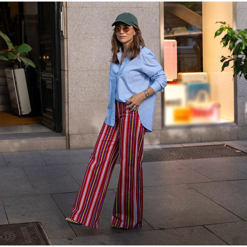 LIZAKOSHT  -  Fashion Red Multicolor Striped Pants For Women Casual High Waist Wide Loose Long Trouser Lady Spring Summer Vacation Pants