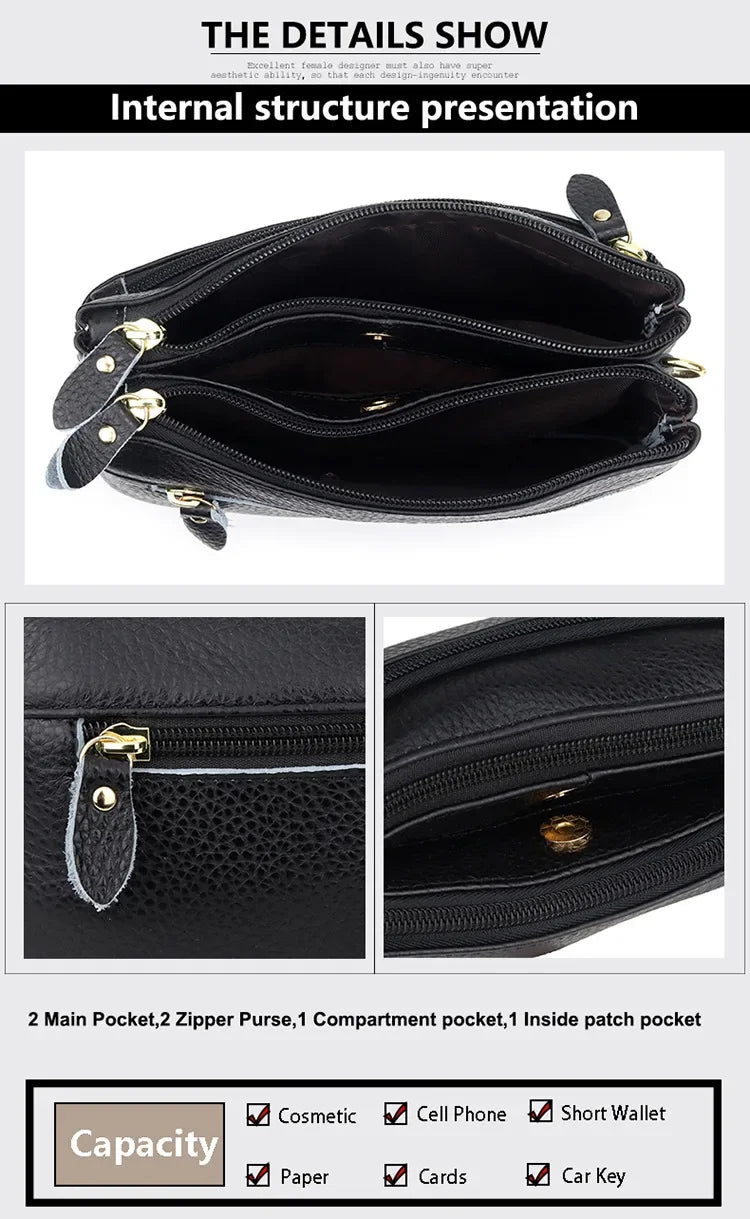 LIZAKOSHT  -  Genuine Leather Women Messenger Bags small Cowhide ladies Clutch wallet Multiple pockets female Shoulder Bags Cell phone purse