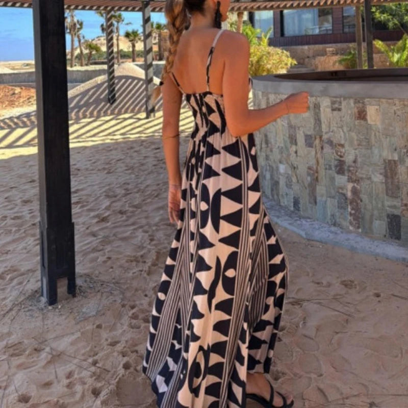 LIZAKOSHT  -  2025 Elegant Geometric Pattern Printed Women Big Swing Long Dresses V Neck Sleeveless Strap Backless Bohemian Vacation Robe