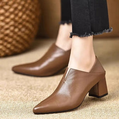 LIZAKOSHT  -  Women's  Pointed Toe Block Heel Pumps Soft Leather Deep Mouth Slip On Shoes Elegant Mid Heel Office Ladies Footwear for Autumn