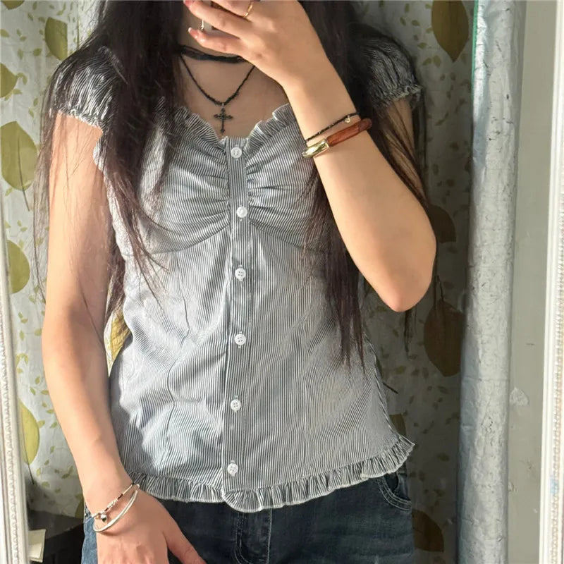LIZAKOSHT  -  Women Y2k Fairy Coquette Shirt Cute Puff Short Sleeve Button Down Frill Trim Smocked Tops Aesthetic Grunge Streetwear