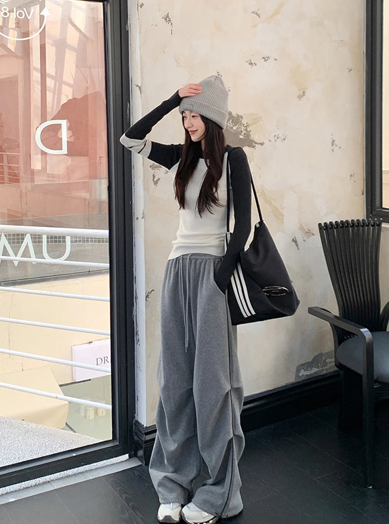 LIZAKOSHT  -  American Sweatpants Women  Fall Chic Fashion Casual Wide-Leg Pants Straight Parachute Loose Side Striped Soild Cargo Trousers