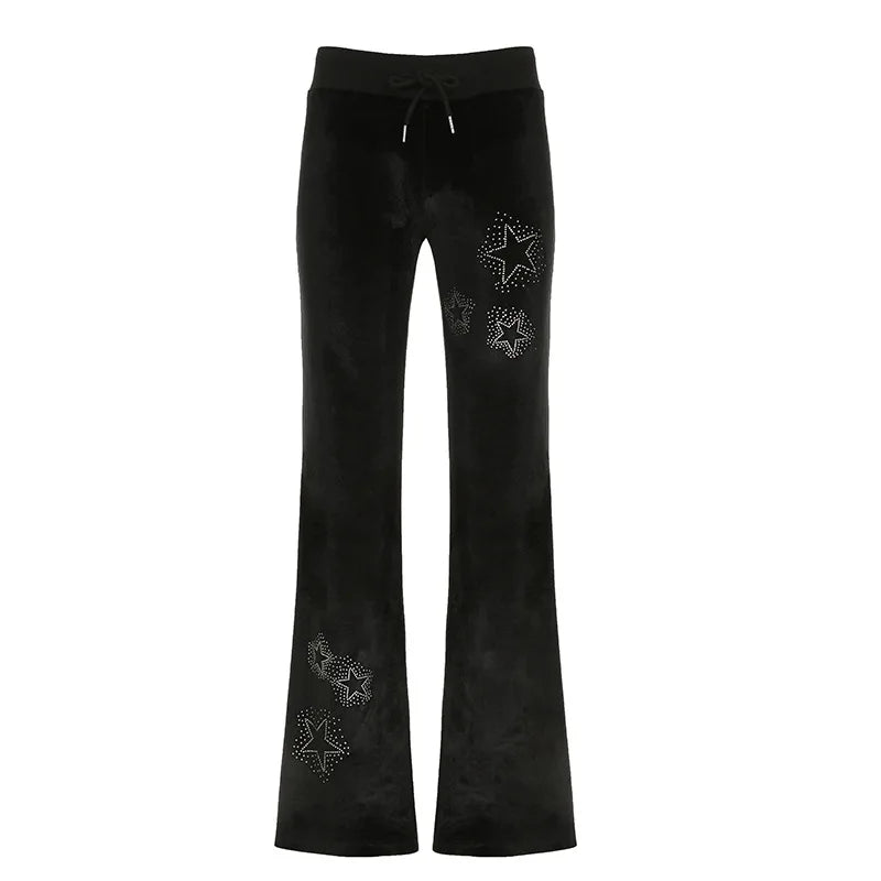 LIZAKOSHT  -  UShaped Star Rhinestone Velvet Low Waist Slim Flared Pants Trousers Jumpsuit Playsuit