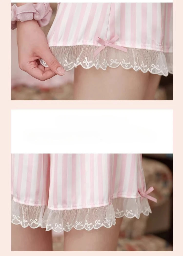LIZAKOSHT  -  Pink Short-sleeved Loungewear Suit Sexy Women 2 Piece Outfit French Striped Silk Lace Top Shorts Set Casual Pajamas Tracksuit