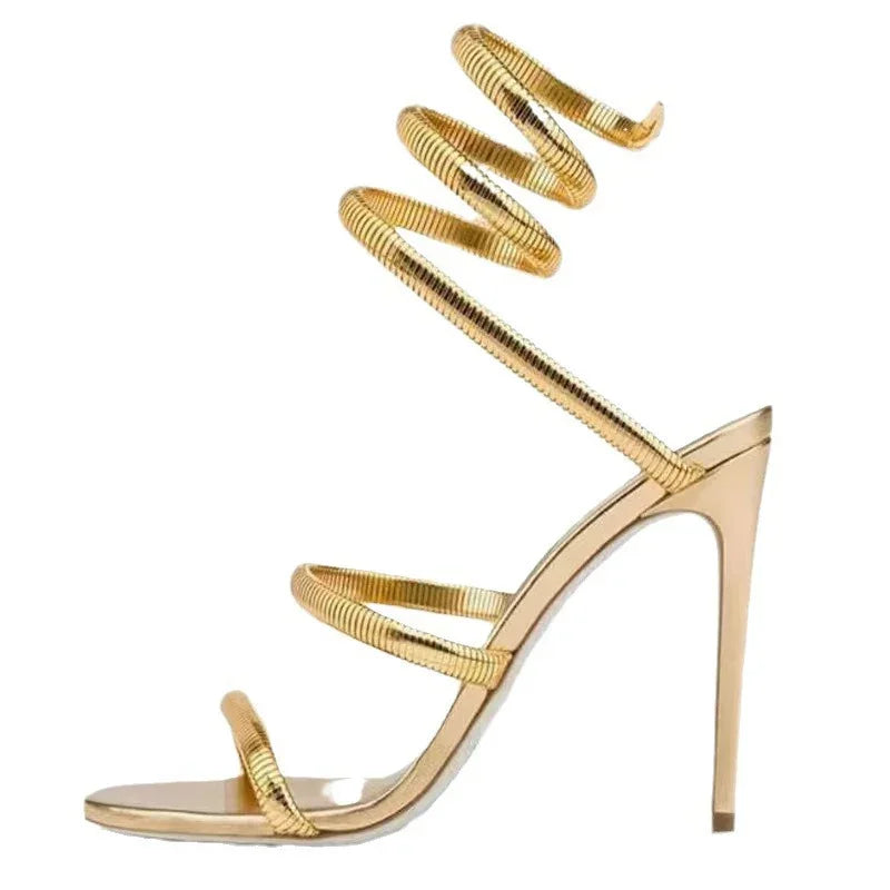 LIZAKOSHT  -  Gold Silver Thin High Heels Ankle Strap Women Sandals Sexy Narrow Band  Open Toe Stripper Prom Female Shoes