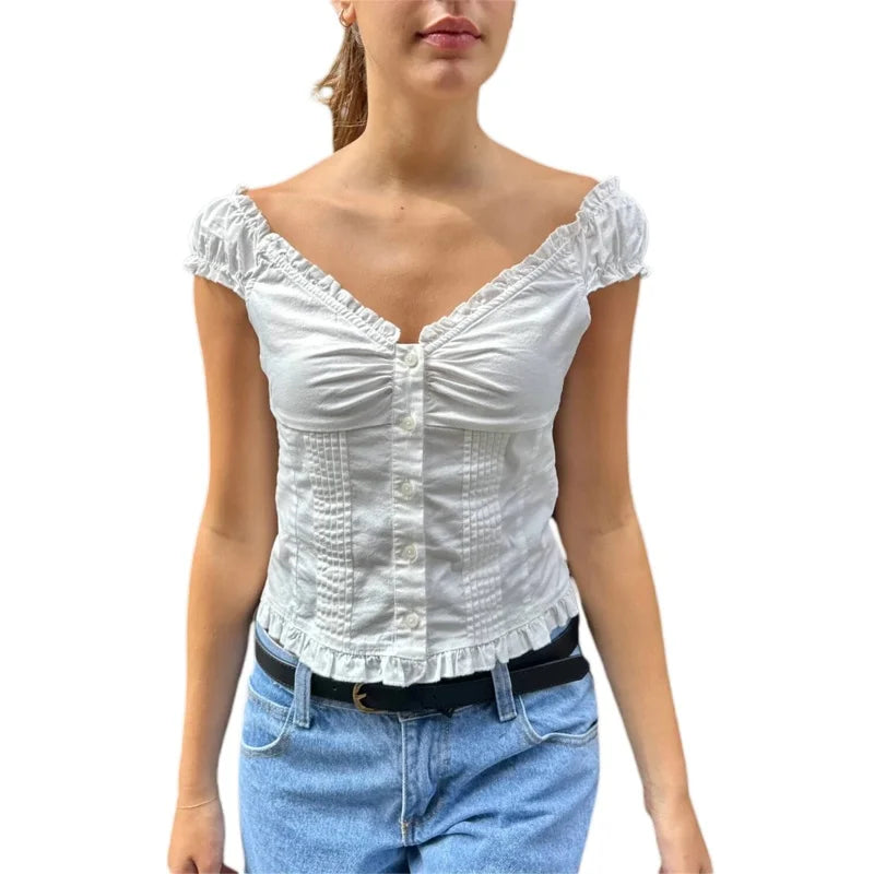 LIZAKOSHT  -  y2k Tank Top Women Summer Clothes Solid Color Cap Sleeve Button Down Slim Fit Frill T Shirt 2000s Vest Streetwear