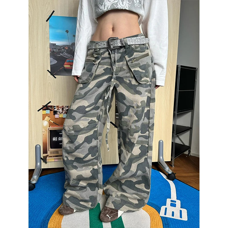  LIZAKOSHT  -  Autumn Winter Casual Distressed Camouflage Pants For Women Floor Length Wide Leg Trousers Autumn Winter New Tide