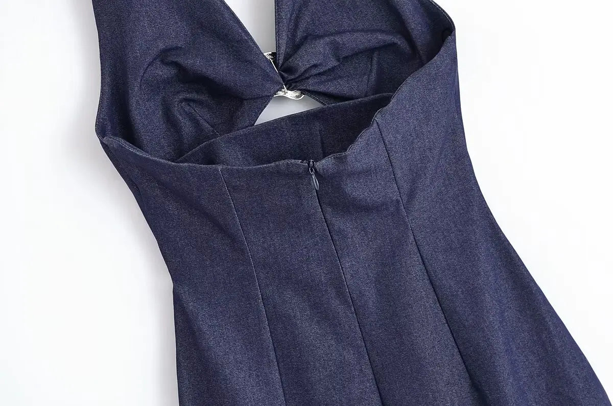 LIZAKOSHT  -  Denim Dress Summer 2025 New Fashion Slim V-neck Hanging Neck Elegant Long Dress Women Street Holiday Chic Youth Party Dress
