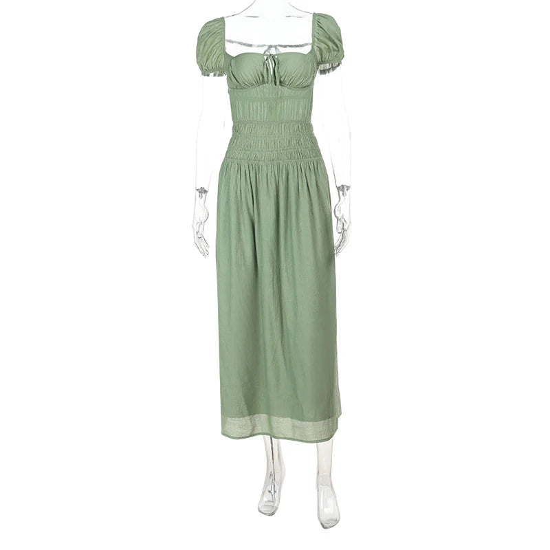 LIZAKOSHT  -  Summer Square Neck Short Sleeved Women's Party Dress Casual Beach Long Dresses Sexy Backless Lace Up Pleated Holiday Dress