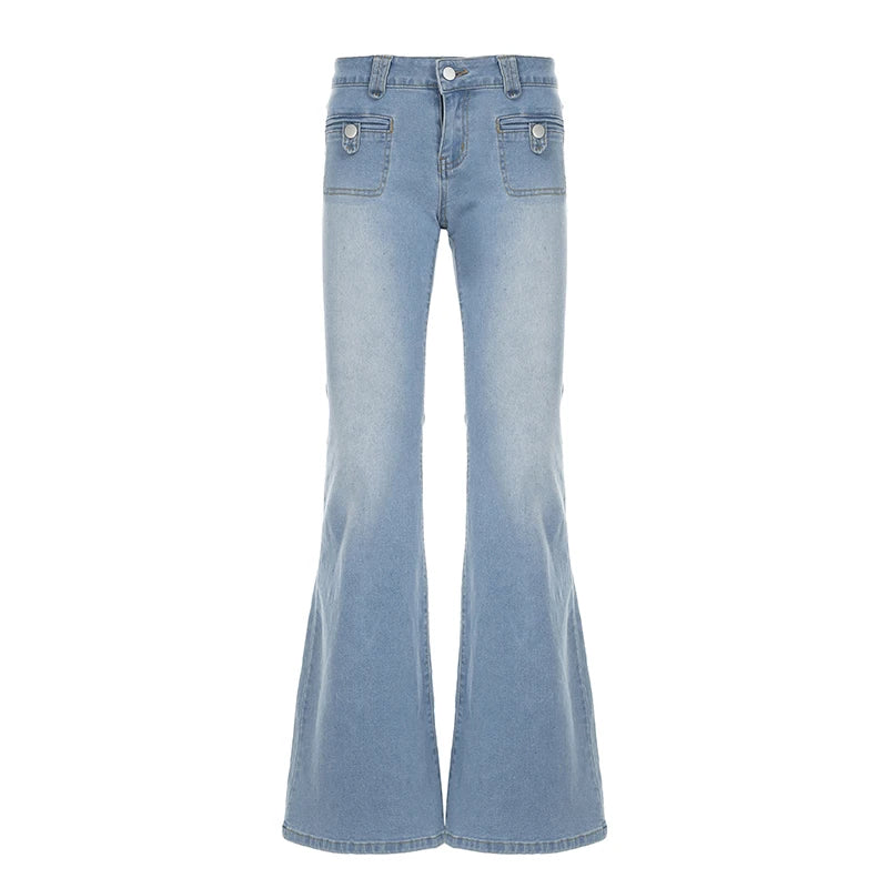 LIZAKOSHT  -  Front Pockets Cargo Flared Jeans Women Hotsexy Washed Color Slimming Low-rise Boot Cut Denim Pants Streetwear Y2K Pants