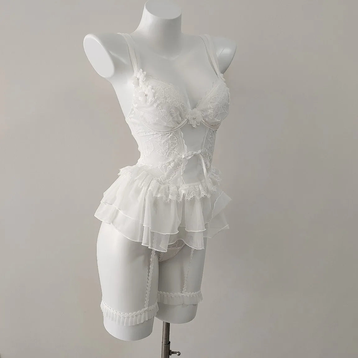 LIZAKOSHT  -  Romantic Flower French Sexy Lingerie Corset Vest Slim Waist Lace Mesh Fishbone Bra Nightdress with Panty Underwear Set Sleepwear