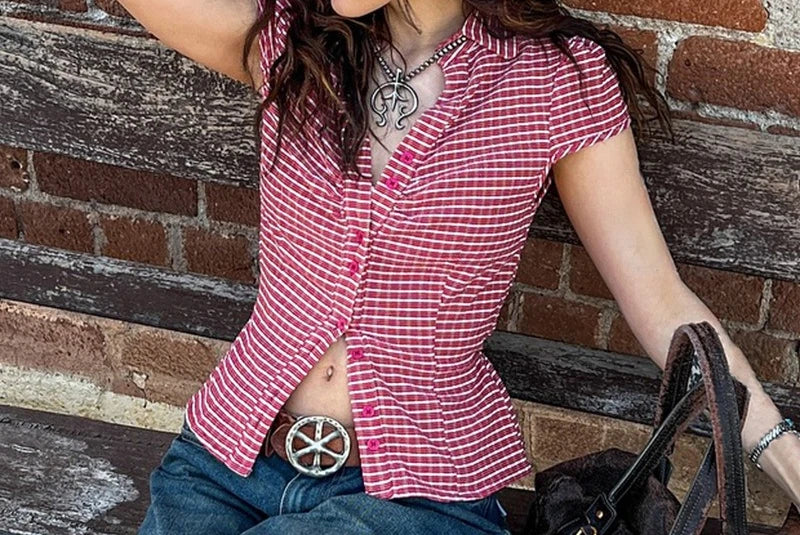 LIZAKOSHT  -  College Style Breasted Plaid Simple Casual Versatile Shirt with Retro Street Style Lapel and Waist Cinching for Slimming Effect