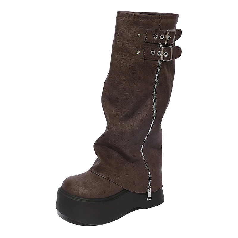 LIZAKOSHT  -  Chunky Style Women Knight High Boots Designer Belt Buckle Platform Heel Shoes Autumn Winter Thick Sole Ladies Long Booties