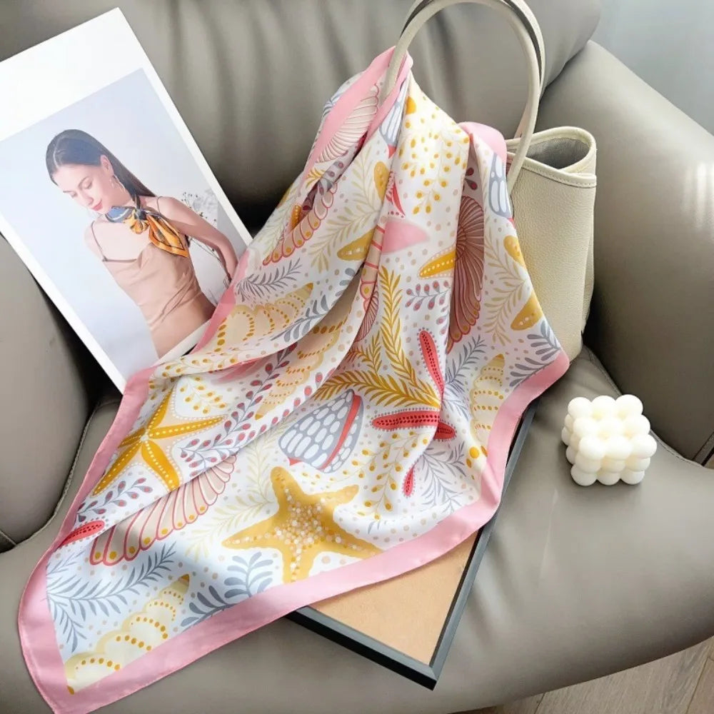 LIZAKOSHT  -  New Shell Silk Square Scarf Satin Starfish Neck Hair Tie Foulard Bandana Hijab Headband Hair Accessories