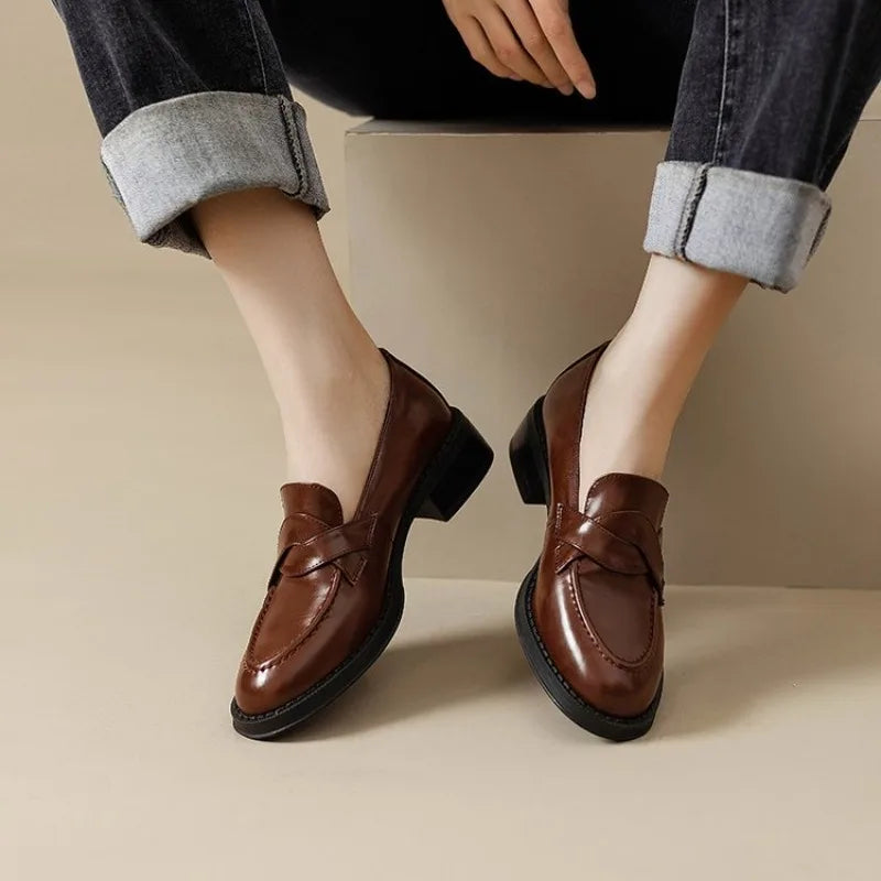 LIZAKOSHT  -  Retro Spring Autumn Women's round Toe Thick Heel Slip-On Loafers British Style Fashion Single Shoes Comfortable Leather