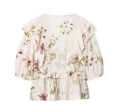 LIZAKOSHT  -  BOHO Light Pink Floral Print Tie Bow Sashes Wrap Shirt Short Women V neck Puff Sleeve Wood ears Waist Kimono Blouse Holiday Cape