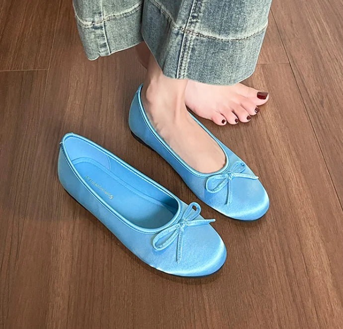 LIZAKOSHT -  Silk Ballets Flats Women Round Toe Bowtie Shoes Soft Roll-Up Loafers Femme Shallow Slip On Ballerinas Ladies Office Moccasins
