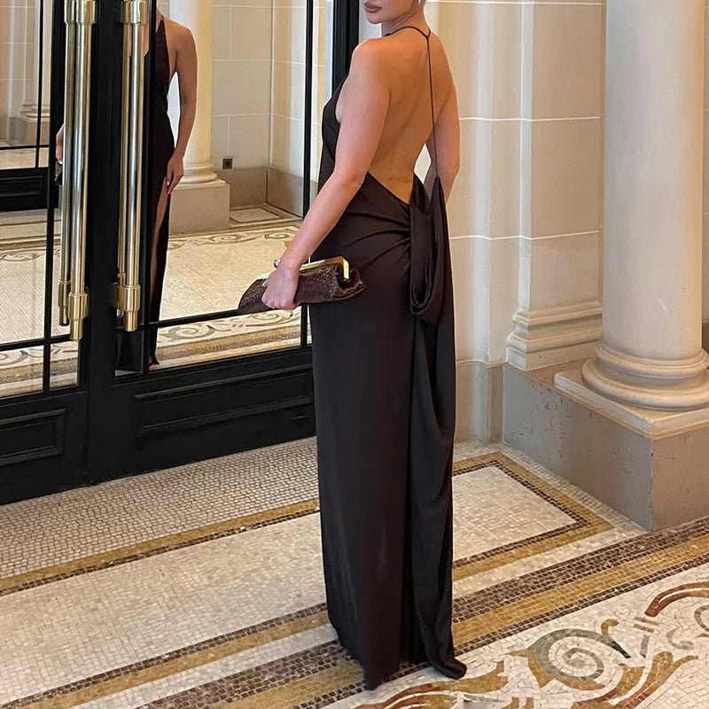 LIZAKOSHT  -  Fashion Sexy U Neck Backless Ruched Bodycon Maxi Dress Sleeveless Black Evening Party Slim Split Long Vestidos Ladies Streetwear