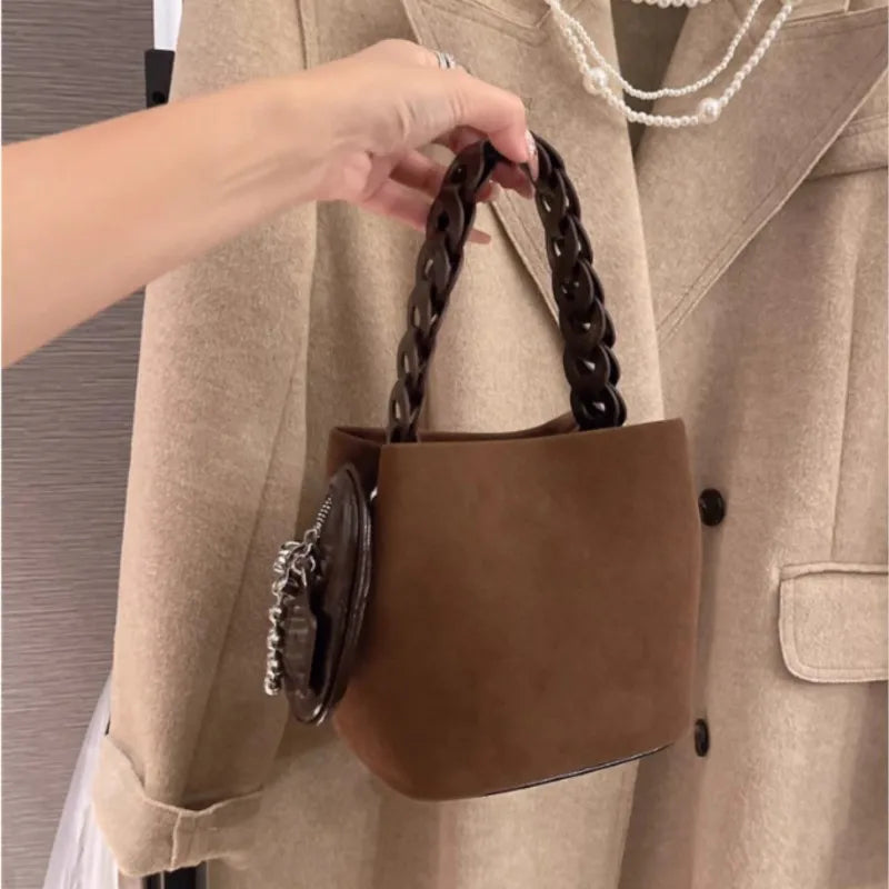 LIZAKOSHT  -  Retro Matte Bucket Handbag Women Suede Woven Handle Shoulder Bag Ladies Harajuku Everyday Casual Versatile Crossbody Bag