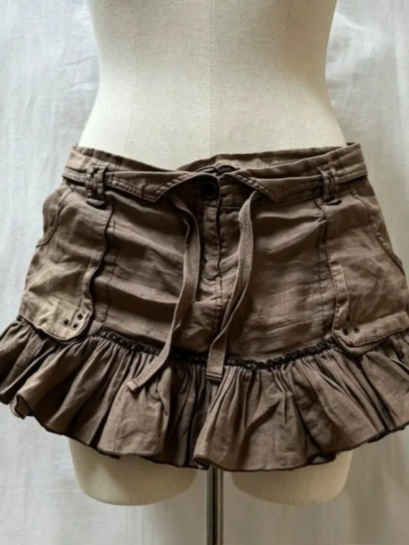 LIZAKOSHT  -  Y2k Euramerican Vintage Turn Down Lace Up Fashion Skirt Harajuku Gothic High Street Ruffle Edge Jupe Spice Girl Punk Skirts