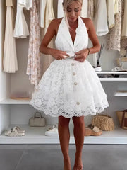 LIZAKOSHT  -  Sexy V-neck Lace Halter Flower Short Dress Women Sleeveless High Waist Belt Button Dresses Lady Summer Chic Evening Party Robes