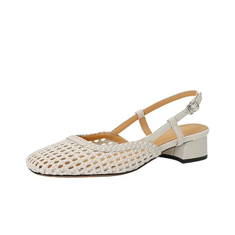 LIZAKOSHT  -  Hot Selling Weaved Slingback Sandals Woman Straw Plaited Low Heel Sandalias Ladies Brand Design Summer Square Toe Hollow Out