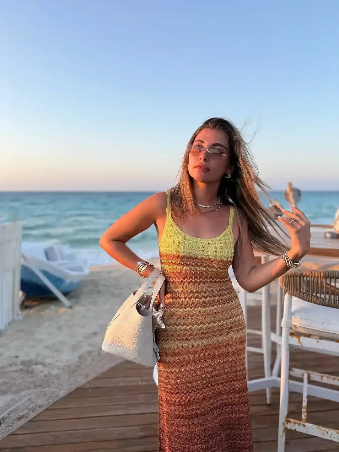 LIZAKOSHT  -  Knit Women Colorful Slip Long Casual Dress Square Collar Sleeveless Off-shoulder Slim Dresses Lady New Holiday Beach Gowns
