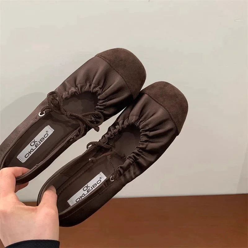LIZAKOSHT  -  Fashion Ballet Flats Women Round Toe Pleated Satin Casual Shoes Female Shallow Comfort Sweet Design Brand Mary Jane Shoes Women