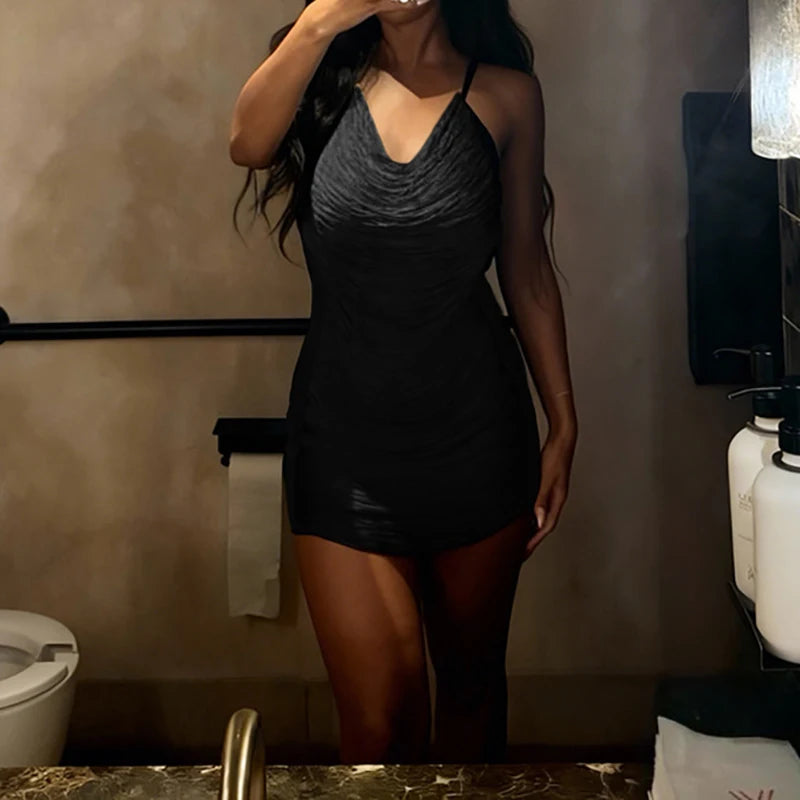 LIZAKOSHT  -  Sexy Hot Girl Solid Wrap Hips A-line Dress Fashion Tassel Halter Lace Up Mini Dress Elegant Backless Sleeveless Slim Party Dress