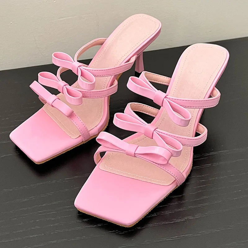 LIZAKOSHT Summer New Bow-knot Women Slipper Fashion Square Toe Slip On Ladies Elegant Sandal Thin High Heel Outdoor Dress Slides