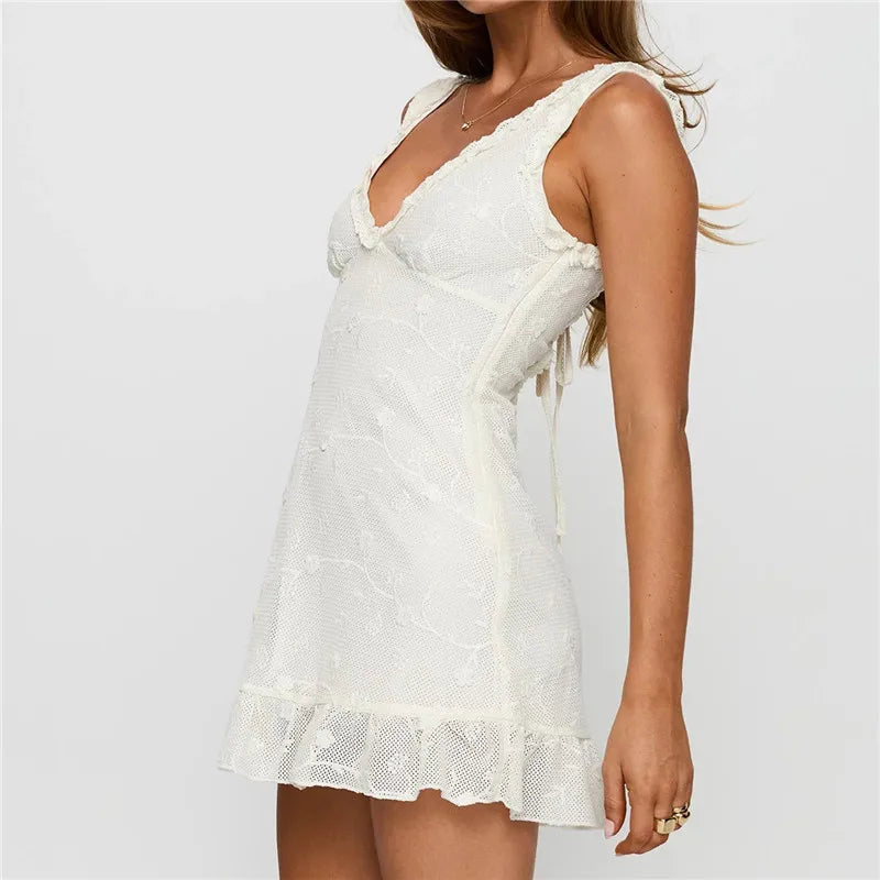 LIZAKOSHT  -  Y2K Vintage Floral Jacquard Sleeveless V-Neck Slim Fit Dress Women's Summer Mini Tank Dress Party Club Holiday Beach Sundress