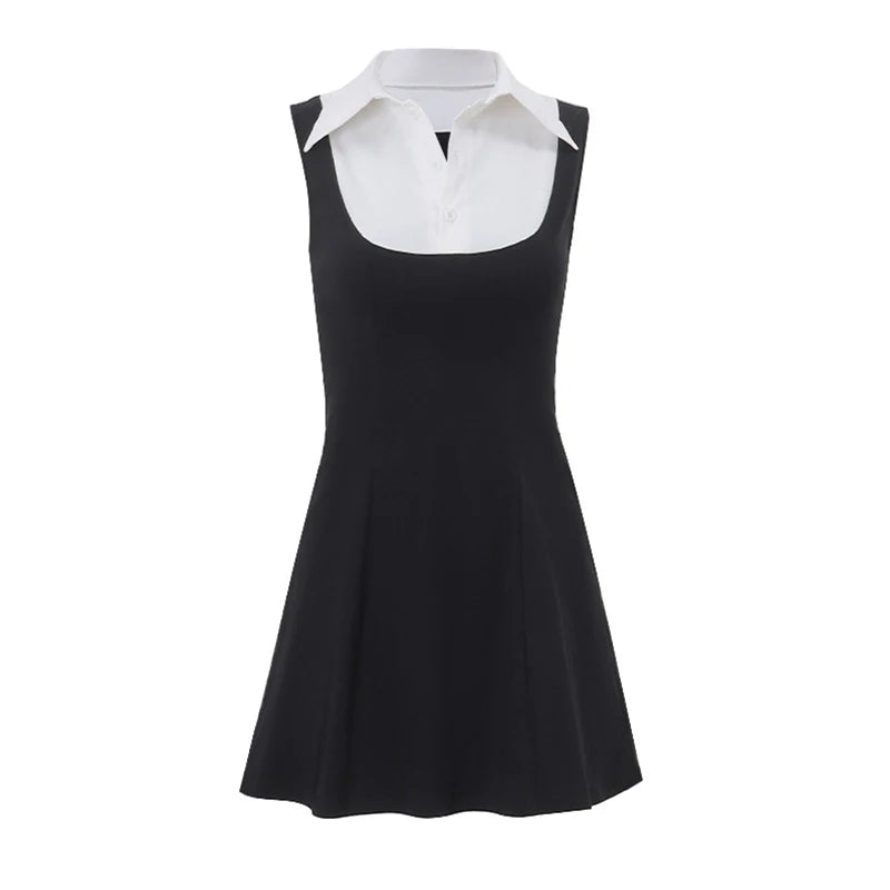LIZAKOSHT  -  y2k Mini Dress Women Summer Contrast Color Patchwork Lapel Collar Sleeveless A Line Mini Dress Evening Party Dresses