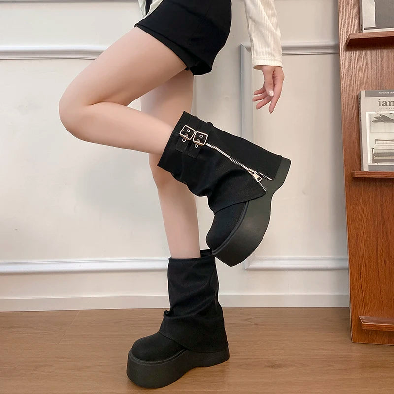 LIZAKOSHT  -  Autumn Winter Chunky Thick Sole Women Pipe Ankle Boots Designer Belt Buckle Platform Heel Shoes Modern Short Botas Para Mujer