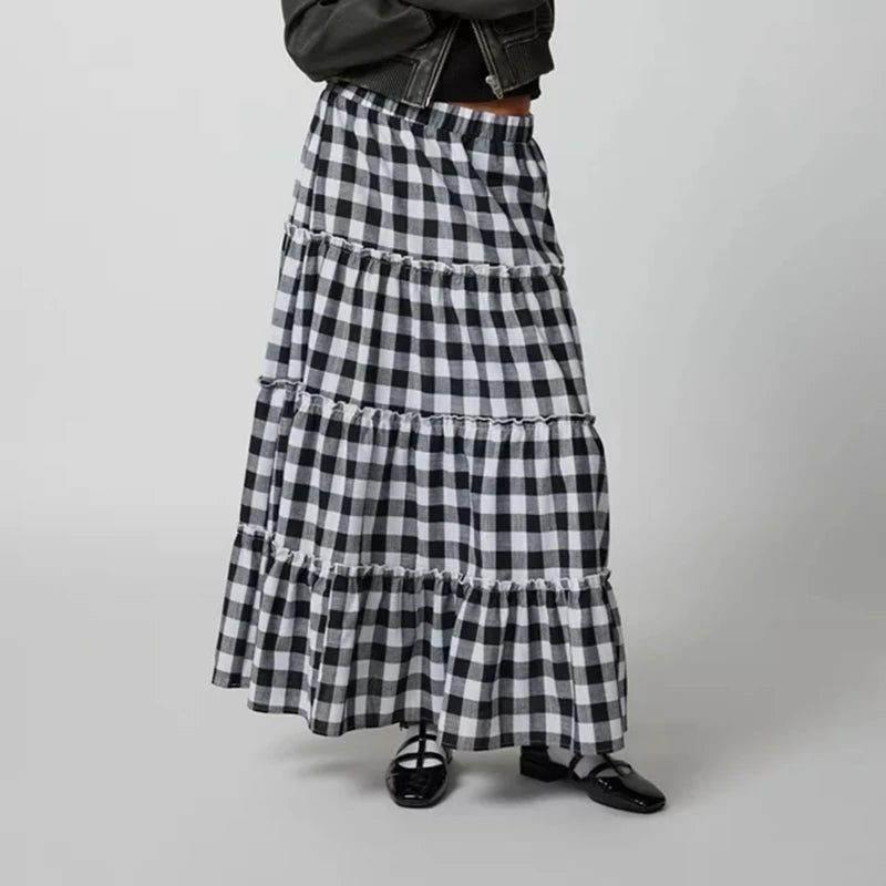 LIZAKOSHT  -  Y2k Women Gingham Tiered Maxi Skirts A Line Ruffle Plaid Midi Skirt Summer Beach Casual Loose Flowy Long Skirt