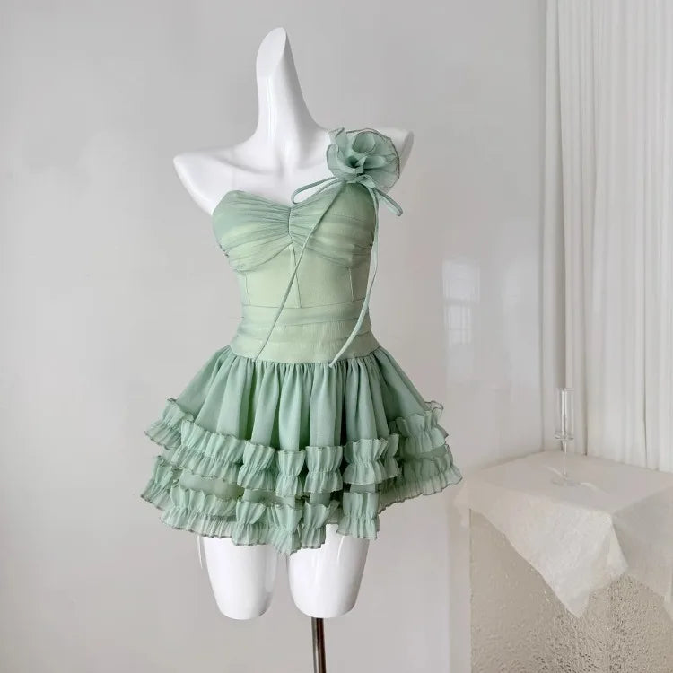LIZAKOSHT  -  Fairy Dresses Summer French 3D Flower Sleeveless Strapless Fluffy Short Skirt Mesh Cake Dress for Women Vestidos