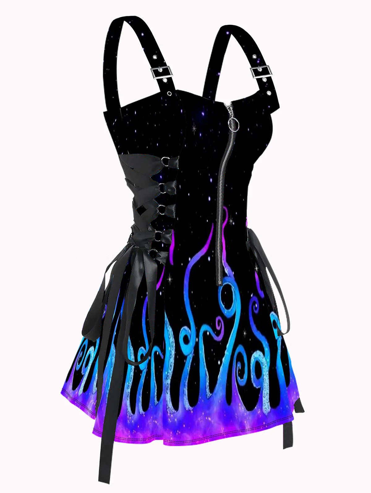 LIZAKOSHT  -  Women Printed Sleeveless Mini Dress Galaxy Lace Up Half Zipper Adjustable Buckle Strap Sexy Robe For Female Short Dresses