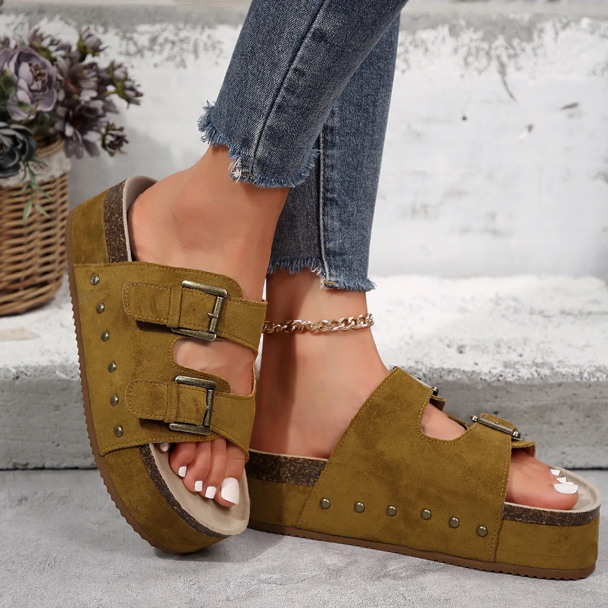LIZAKOSHT  -  Women Vacation Sandals Retro Open Toe Thick Bottom Slippers Leopard Print Belt Buckle Non-slip Lightweight Large Size Shoes