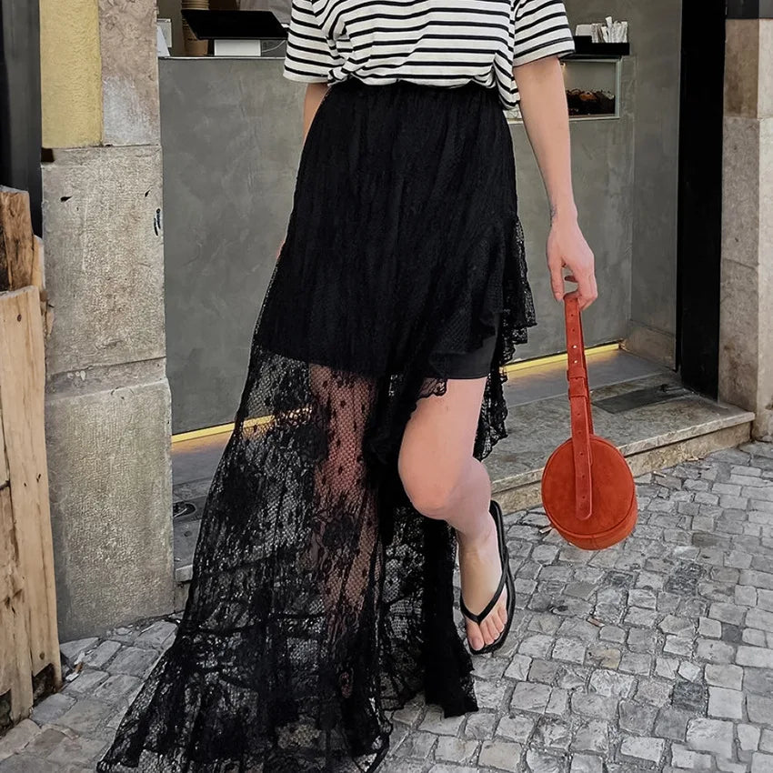 LIZAKOSHT  -  Summer New Irregular Black Sexy Design Lace High Waist Slimming and slimming Split Skirt