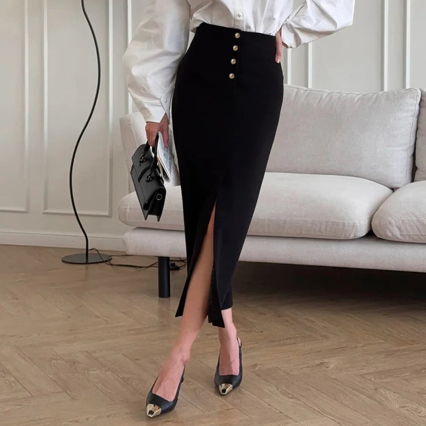 LIZAKOSHT  -  Black High Waist Belly Slit Straight Hip Skirt Female New Commuting Temperament One-step Skirt