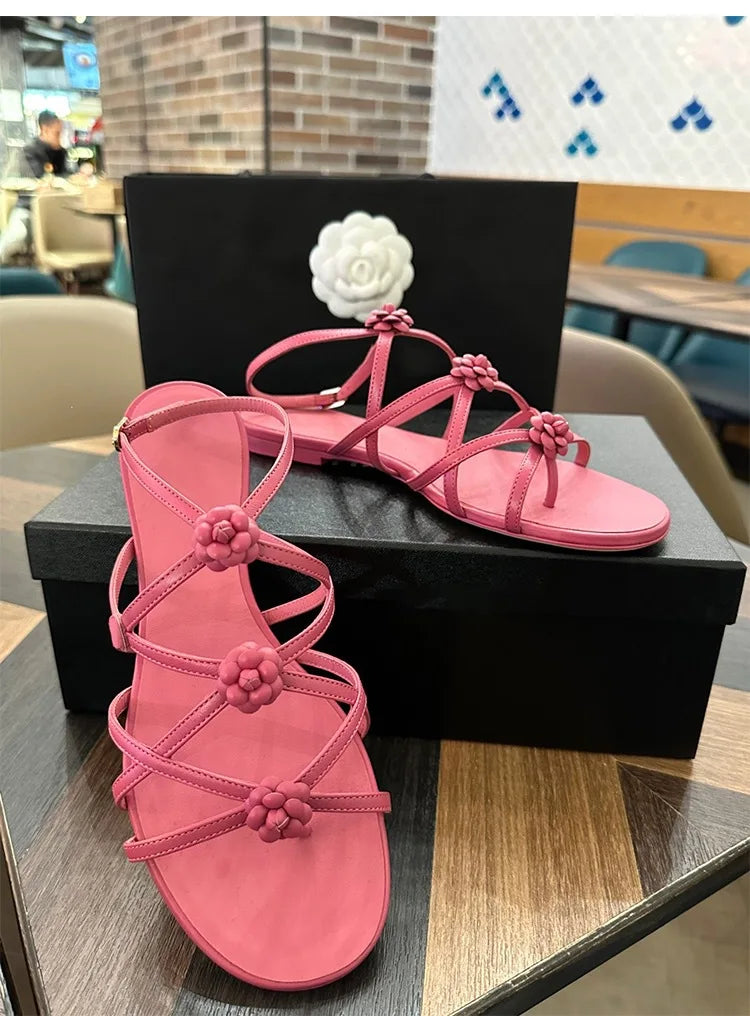 LIZAKOSHT  -  French Fashion Blogger Camellia Leather Flat Sandals Women Summer Casual Pink Open-toed Sandals Ladies