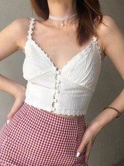 LIZAKOSHT  -  Sexy White Spliced Lace Flower V Neck Camisole Women Summer Corset Single-breasted Buttons Short Tank Tops Retro Slim Crop Top
