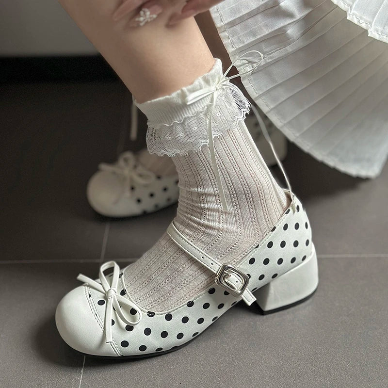 LIZAKOSHT  -  Cute Polka Dot Thick Heel Women Mary Jane Shoes Designer Buckle Strap Pumps Ladies Eelgant Butterfly-knot Dress Single Shoes