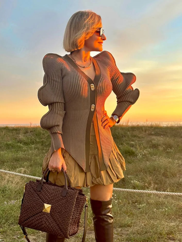 LIZAKOSHT  -  V-Neck Shoulder Pad Knit Jacket Woman Wavy Edge Sleeves Single Breasted Solid Color Slim Tops Versatile Causal Women's New Tops