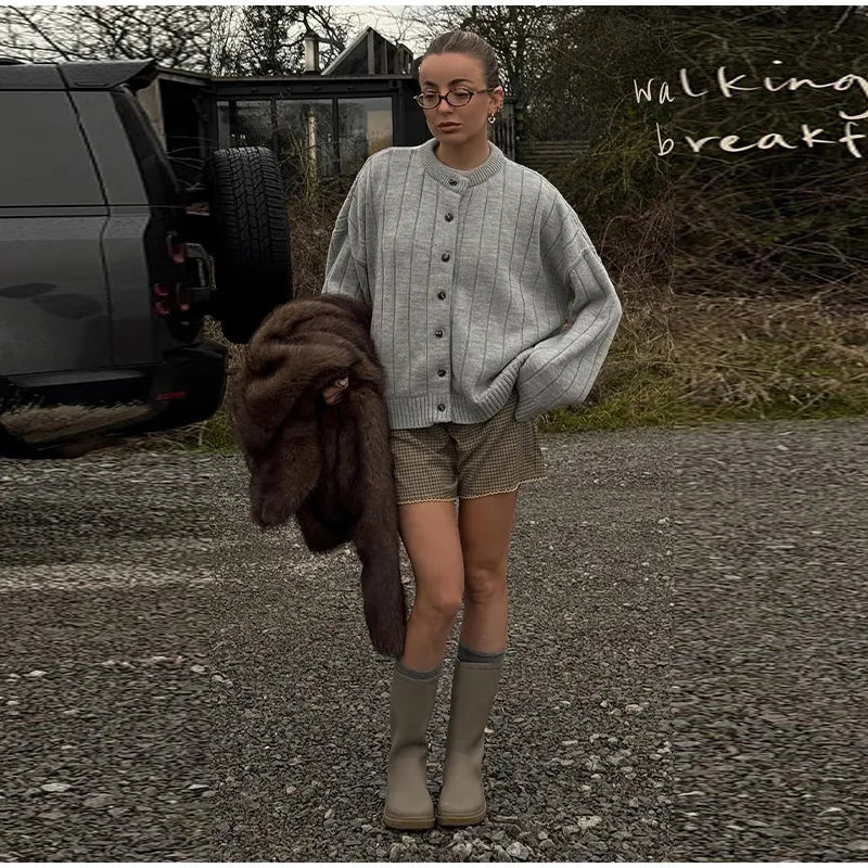 LIZAKOSHT  -  Chic Solid Sweater For Women O-neck Full Sleeve Loose Single Breasted Short Cardigan 2025 Autumn Female Daily Casual Outerwear