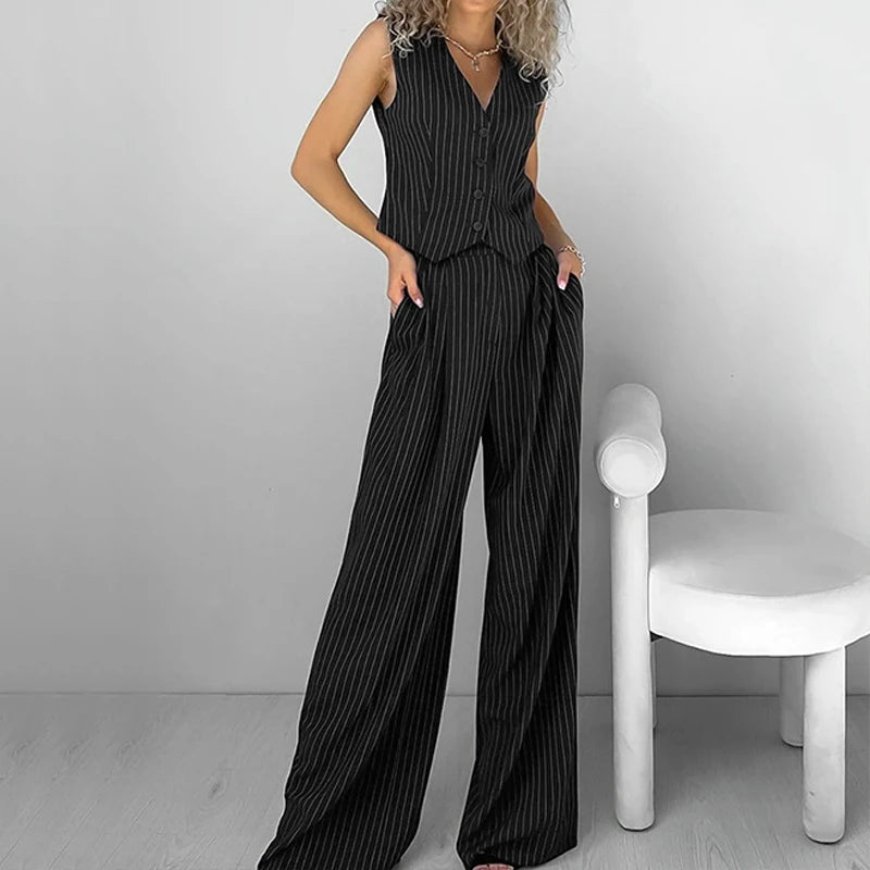 LIZAKOSHT  -  Office Lady Summer Striped Solid V Neck Buttons Sleeveless T-shirt and High Waist Wide Leg Pants Two Piece Sets For Women