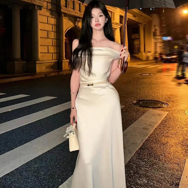 LIZAKOSHT  -  Satin Sexy Off Shoulder Dress Women Pink Skinny Elegant Soft Dress Classic Fashion Party Evening Gown Sleeveless Lady Vestidos