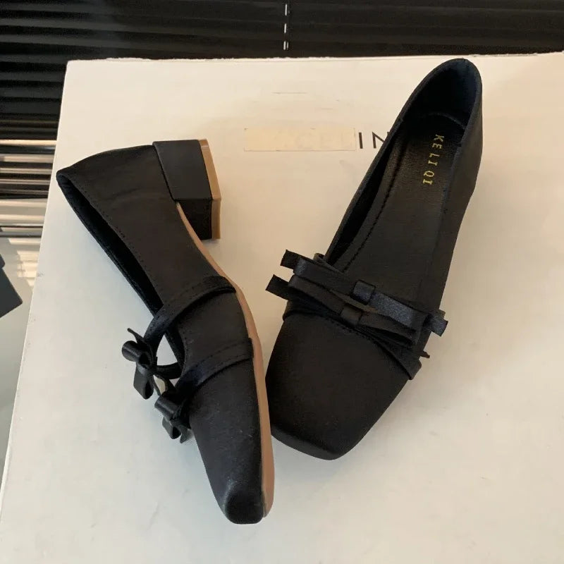 LIZAKOSHT  -  Satin Bow Fashion Mary Jane Shoes Women Sweet Shallow Chunky Dress Shoes Female Comfort Elegant Low Heel Square Toe Pumps Women
