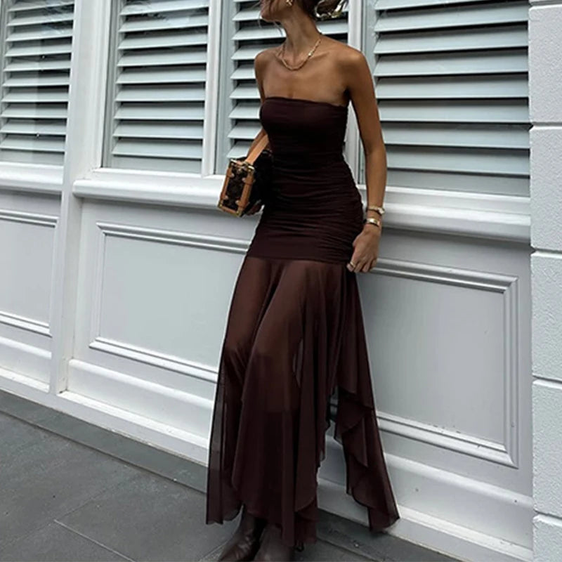 LIZAKOSHT  -  Solid Strapless Mesh Patchwork Hem Semi-sheer Fashion Vintage Brown Backless Sleeveless Bodycon Pleated Maxi Dress Clubwear