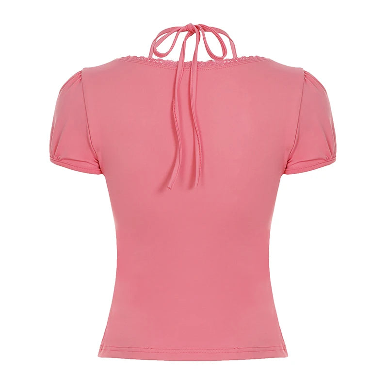 LIZAKOSHT  -  Beaded Halter-neck Top Pink Brown Color Elegant Fashion Slim-fitting T-shirt French Style Chest Folds Clothes Summer